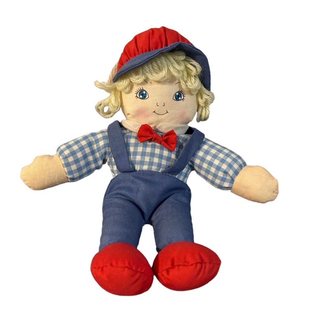 Vintage American Wego Rag Doll Boy Gingham Cloth Dolly 10” stuffed Toy Lovey